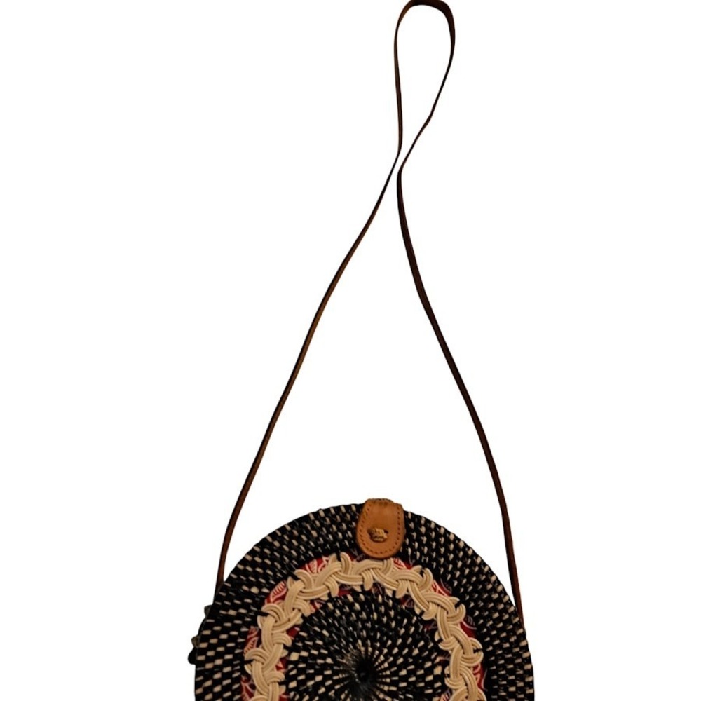 Handwoven Round Rattan Crossbody Bag Black Cream Woven Straw Batik Lining 8in - Picture 14 of 14